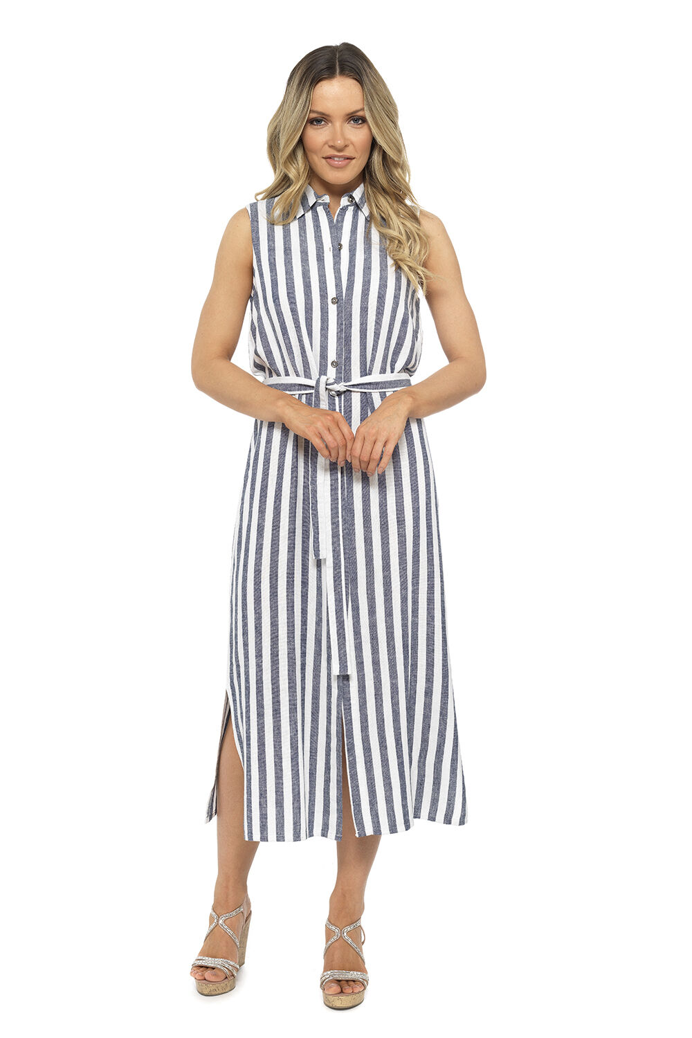 Sleeveless Stripe Linen Midi Dress